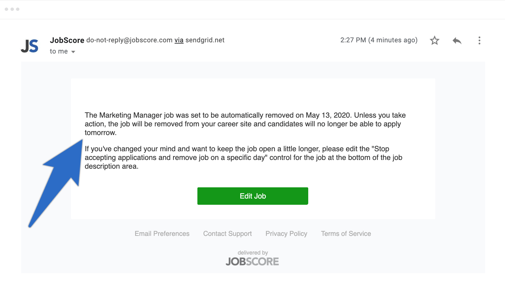 email from JobScore warning that the job will be automatically removed