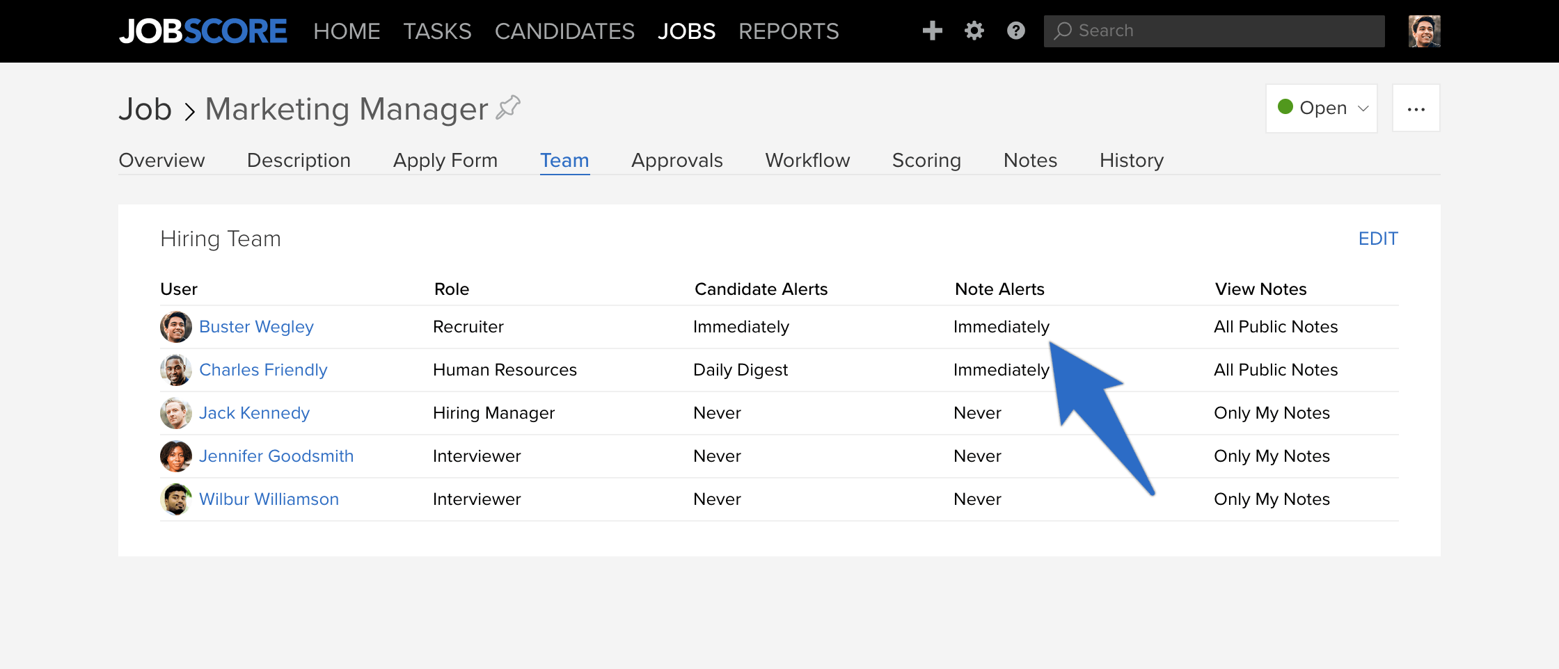 job page with team tab opened